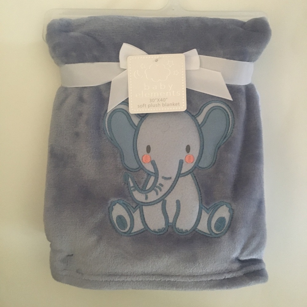 NEW Baby Blanket Blue Lightweight with Elephant Appliqué | Baby Elements